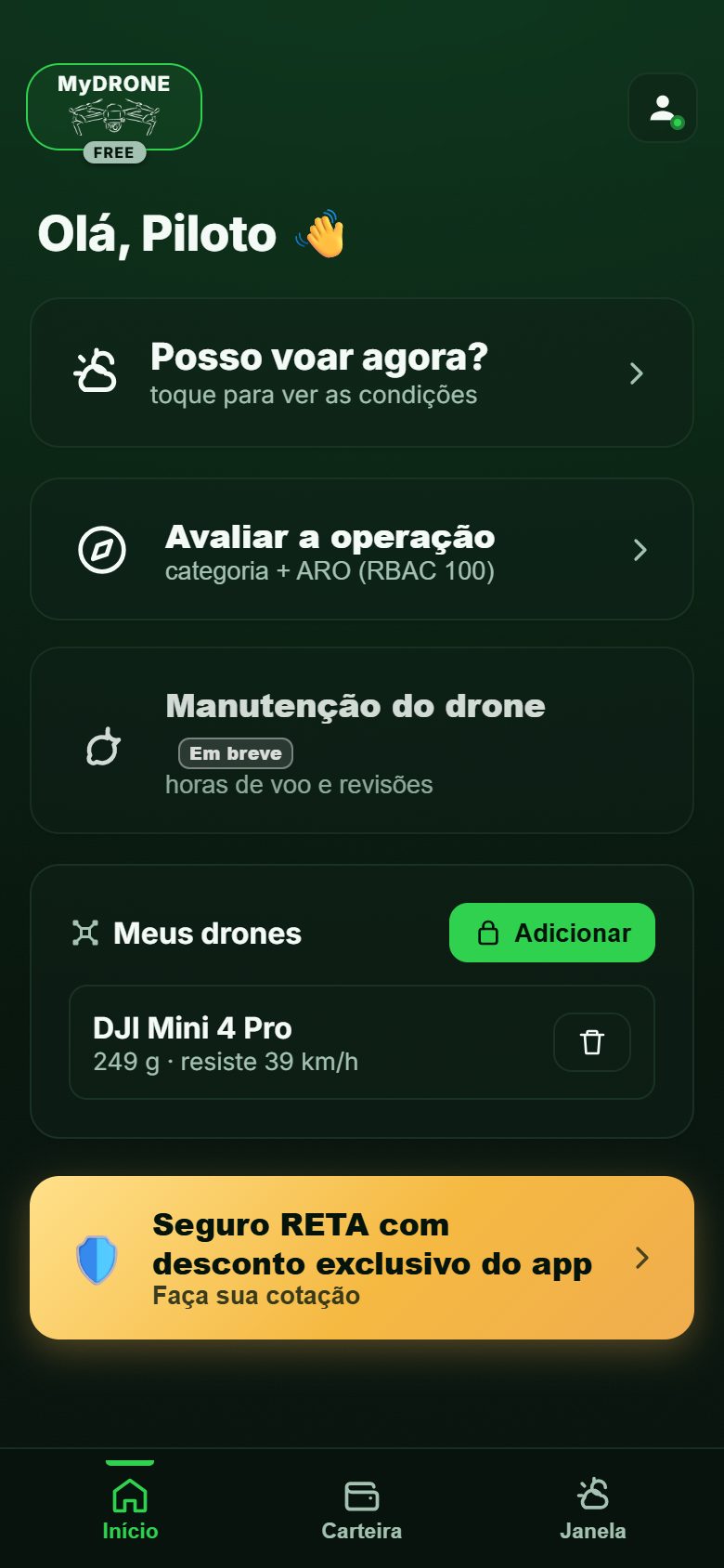 Tela inicial do aplicativo MyDRONE, com uma conta de demonstração